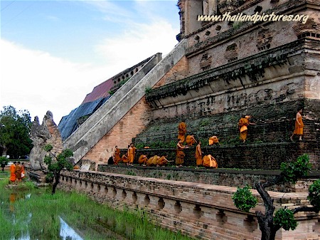 Thai monks clearing weeds at a temple in Thailand.